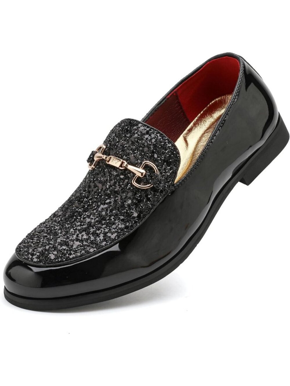 Men's Black Rubber Sole Leather Sparkly Sequins Loafers Gold Buckle Party Shoes